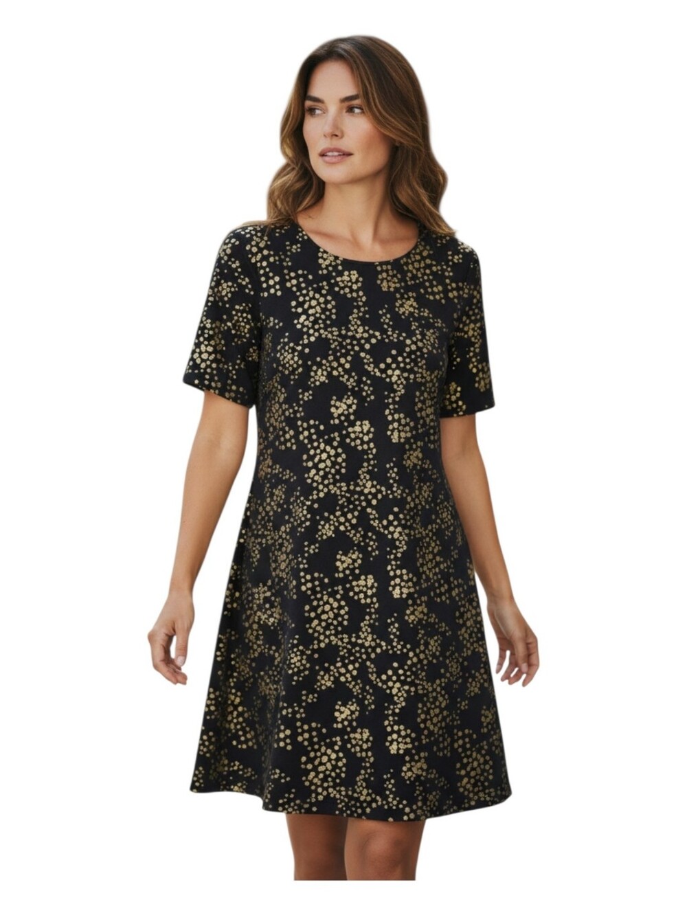 Julie Brown Womens Black Metallic Gold Polka Dot Print Party Swing Dress Size P